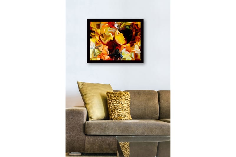 Innrammet lerret i tre - 41x56 cm - Abstrakt komposisjon med ansikter i kontrastfarger - Gull / Oransje / Mørk brun - Interiør - Maleri & posters - Lerretsbilder