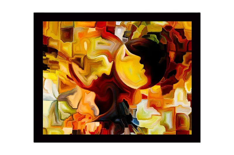 Innrammet lerret i tre - 41x56 cm - Abstrakt komposisjon med ansikter i kontrastfarger, Gull / Oransje / Mørk brun