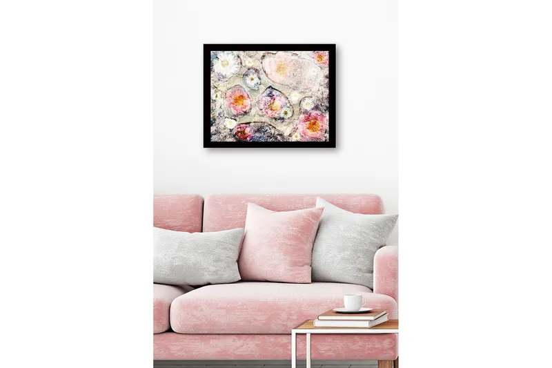 Innrammet lerret i tre - 41x56 cm - Abstrakt komposisjon med blomster i myke farger - Rosa / Hvit / Grå - Interiør - Maleri & posters - Lerretsbilder