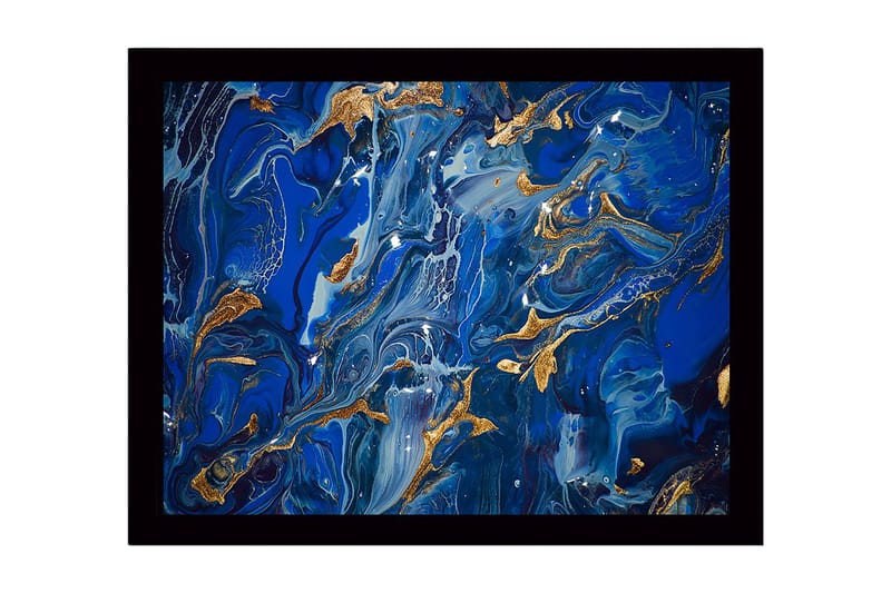 Innrammet lerret i tre - 41x56 cm - Abstrakt komposisjon med dype blå nyanser og gulldetaljer, Mørk blå / Lys blå / Gull