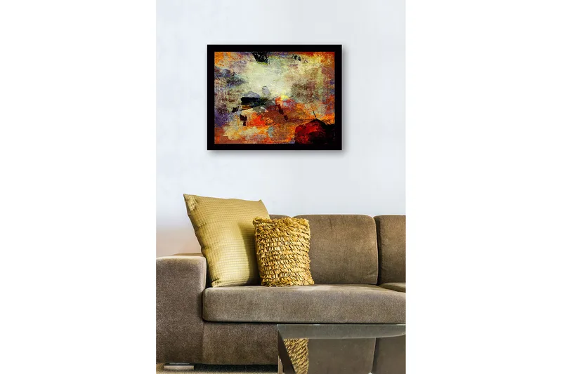 Innrammet lerret i tre - 41x56 cm - Abstrakt komposisjon med fargede former og teksturer - Rød / Oransje / Blå - Interiør - Maleri & posters - Lerretsbilder