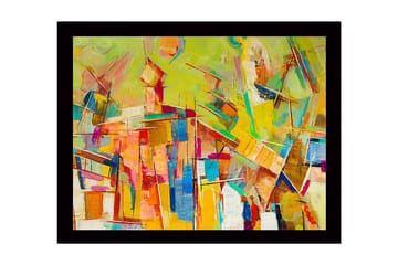 Innrammet lerret i tre - 41x56 cm - Abstrakt komposisjon med fargerike geometriske former - Gul / Oransje / Blå - Interiør - Maleri & posters - Lerretsbilder