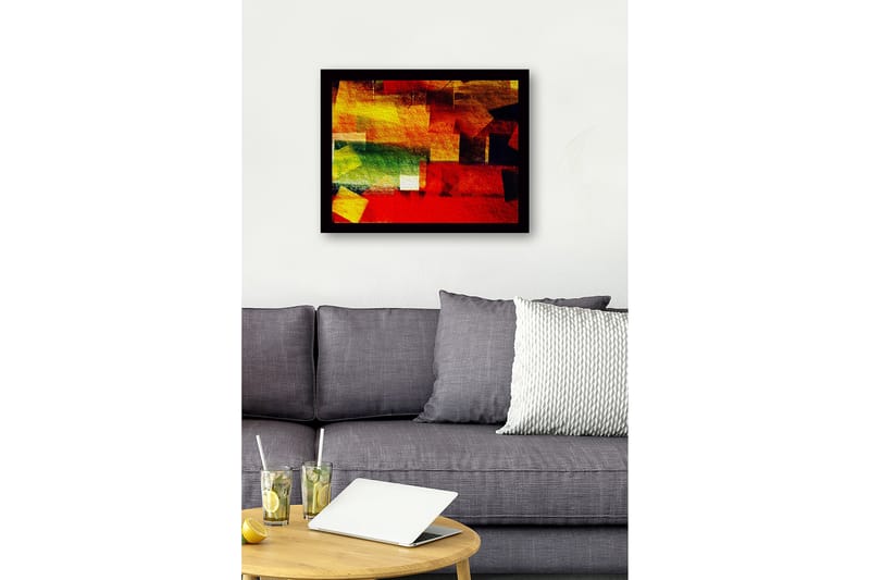 Innrammet lerret i tre - 41x56 cm - Abstrakt komposisjon med fargerike geometriske former - Rød / Gul / Grønn - Interiør - Maleri & posters - Lerretsbilder