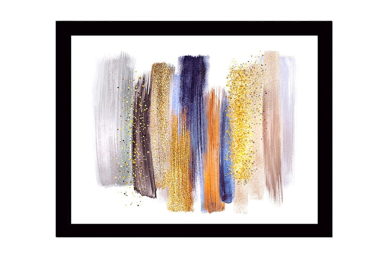 Innrammet lerret i tre - 41x56 cm - Abstrakt komposisjon med fargerike penselstrøk, Gull / Blå / Grå