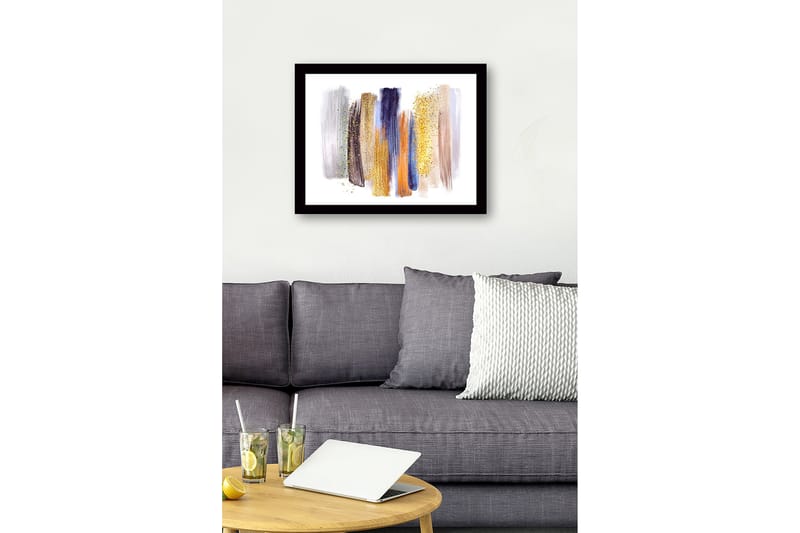Innrammet lerret i tre - 41x56 cm - Abstrakt komposisjon med fargerike penselstrøk - Gull / Blå / Grå - Interiør - Maleri & posters - Lerretsbilder