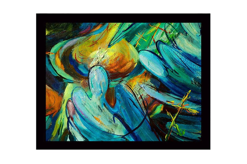 Innrammet lerret i tre - 41x56 cm - Abstrakt komposisjon med flytende former og farger, Turkis / Oransje / Grønn