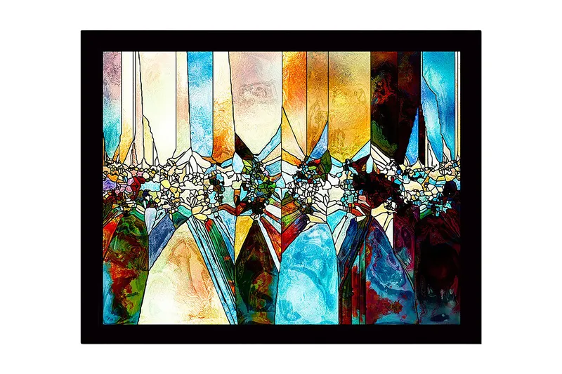 Innrammet lerret i tre - 41x56 cm - Abstrakt komposisjon med geometriske former og fargede seksjoner, Blå / Oransje / Grønn