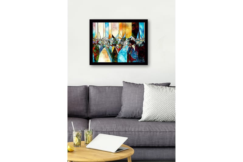 Innrammet lerret i tre - 41x56 cm - Abstrakt komposisjon med geometriske former og fargede seksjoner - Blå / Oransje / Grønn - Interiør - Maleri & posters - Lerretsbilder