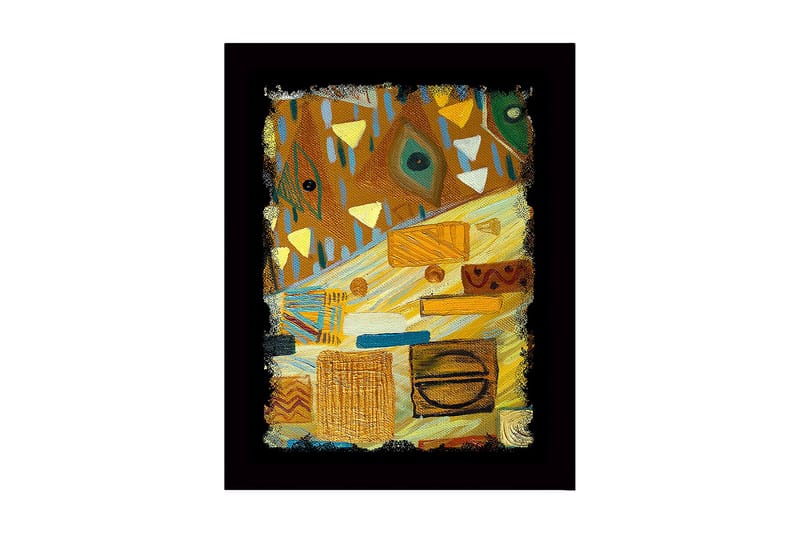 Innrammet lerret i tre - 41x56 cm - Abstrakt komposisjon med geometriske former og mønstre, Gull / Brun / Grønn