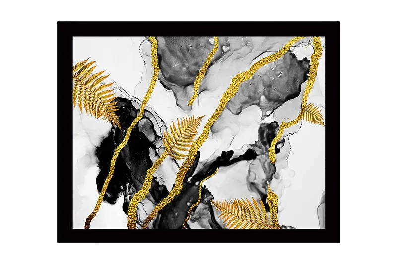 Innrammet lerret i tre - 41x56 cm - Abstrakt komposisjon med gylne bregneblader og svarte elementer, Gull / Svart / Grå