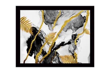 Innrammet lerret i tre - 41x56 cm - Abstrakt komposisjon med gylne bregneblader og svarte elementer - Gull / Svart / Grå - Interiør - Maleri & posters - Lerretsbilder