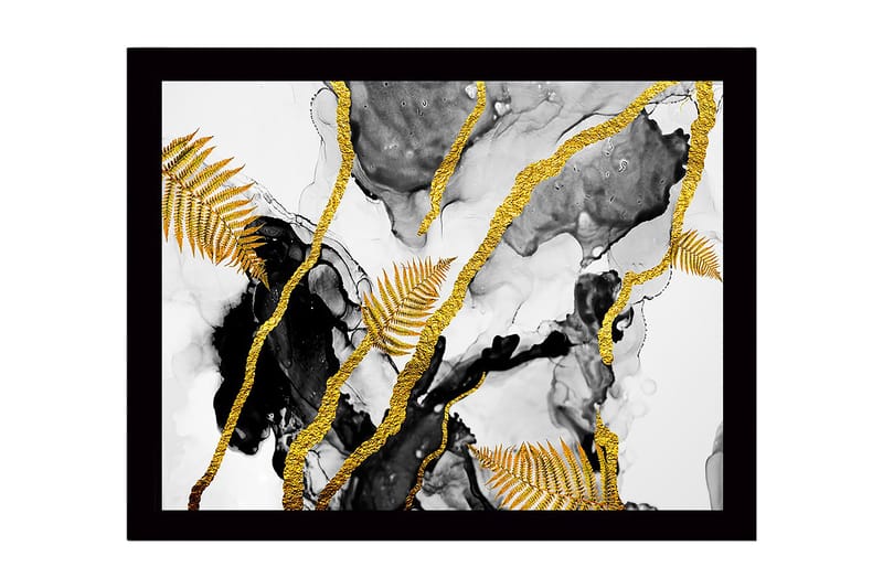 Innrammet lerret i tre - 41x56 cm - Abstrakt komposisjon med gylne bregneblader og svarte elementer, Gull / Svart / Grå