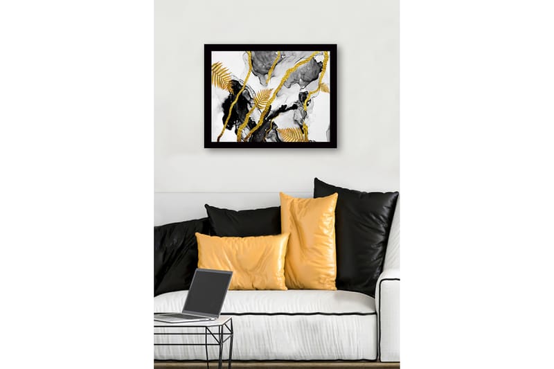 Innrammet lerret i tre - 41x56 cm - Abstrakt komposisjon med gylne bregneblader og svarte elementer - Gull / Svart / Grå - Interiør - Maleri & posters - Lerretsbilder
