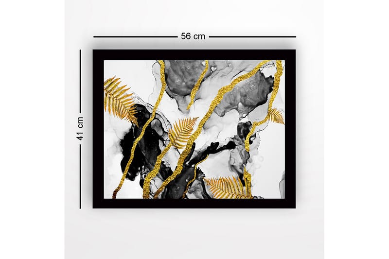 Innrammet lerret i tre - 41x56 cm - Abstrakt komposisjon med gylne bregneblader og svarte elementer - Gull / Svart / Grå - Interiør - Maleri & posters - Lerretsbilder