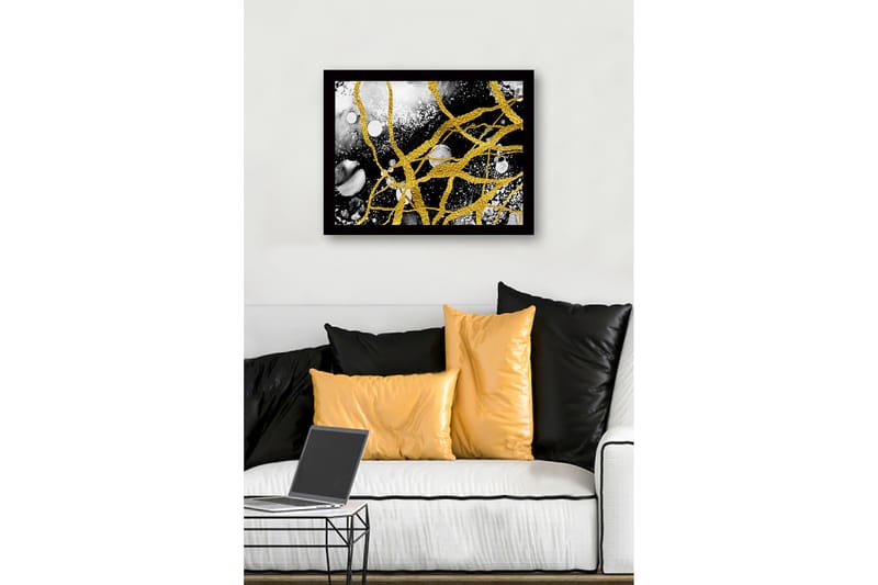 Innrammet lerret i tre - 41x56 cm - Abstrakt komposisjon med gylne linjer og svart-hvite elementer - Gull / Svart / Hvit - Interiør - Maleri & posters - Lerretsbilder