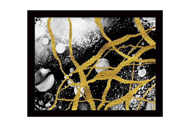 Innrammet lerret i tre - 41x56 cm - Abstrakt komposisjon med gylne linjer og svart-hvite elementer, Gull / Svart / Hvit