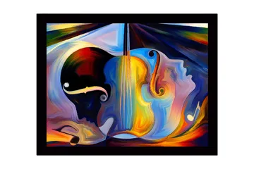 Innrammet lerret i tre - 41x56 cm - Abstrakt komposisjon med musikkinstrumenter og ansikter - Mørk blå / Oransje / Lys gul - Interiør - Maleri & posters - Lerretsbilder