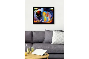 Innrammet lerret i tre - 41x56 cm - Abstrakt komposisjon med musikkinstrumenter og ansikter - Mørk blå / Oransje / Lys gul - Interiør - Maleri & posters - Lerretsbilder