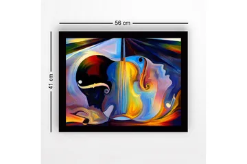 Innrammet lerret i tre - 41x56 cm - Abstrakt komposisjon med musikkinstrumenter og ansikter - Mørk blå / Oransje / Lys gul - Interiør - Maleri & posters - Lerretsbilder