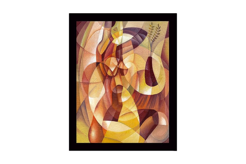 Innrammet lerret i tre - 41x56 cm - Abstrakt komposisjon med organiske former og en vase med planter, Gull / Brun / Terrakotta