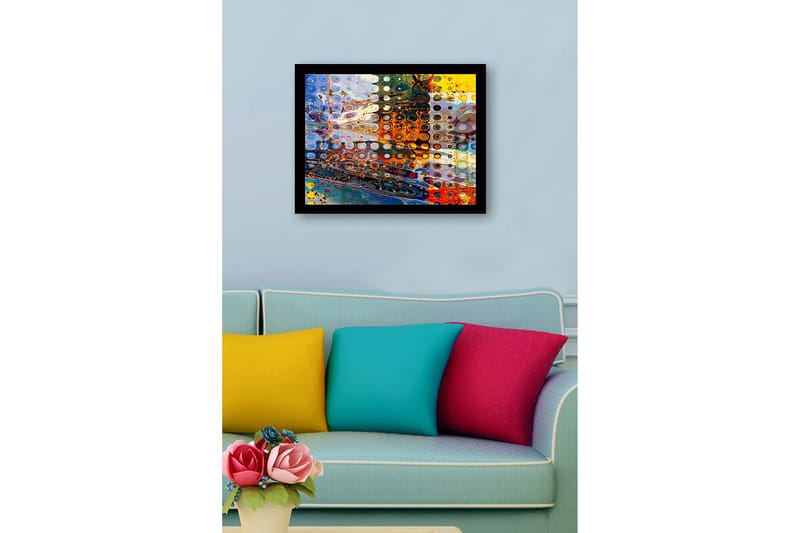 Innrammet lerret i tre - 41x56 cm - Abstrakt komposisjon med sirkulære former og fargerike mønstre - Blå / Oransje / Gul - Interiør - Maleri & posters - Lerretsbilder