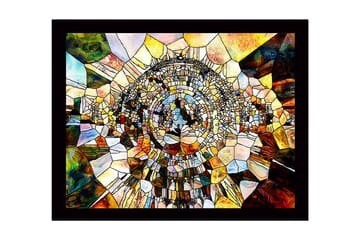 Innrammet lerret i tre - 41x56 cm - Abstrakt komposisjon med sirkulære former og mosaikklignende struktur - Gull / Brun / Blå - Interiør - Maleri & posters - Lerretsbilder