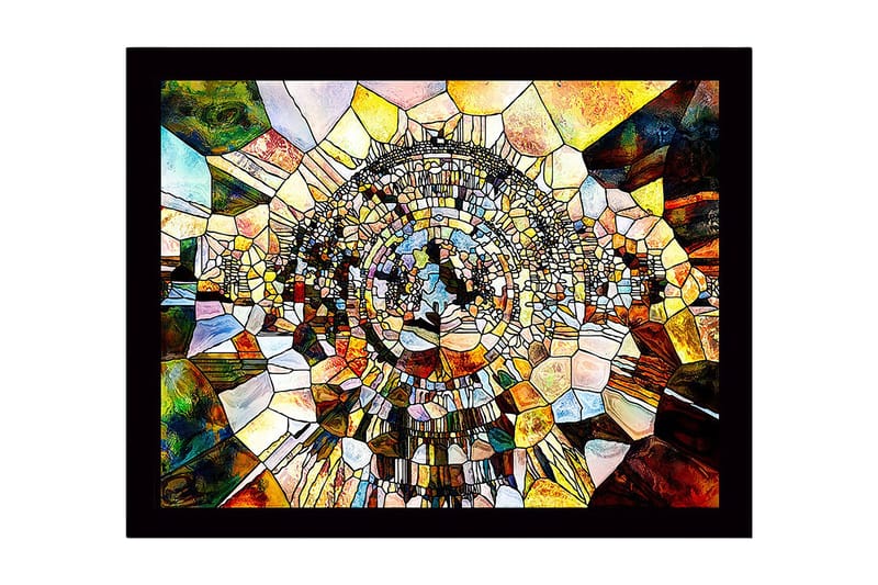 Innrammet lerret i tre - 41x56 cm - Abstrakt komposisjon med sirkulære former og mosaikklignende struktur, Gull / Brun / Blå