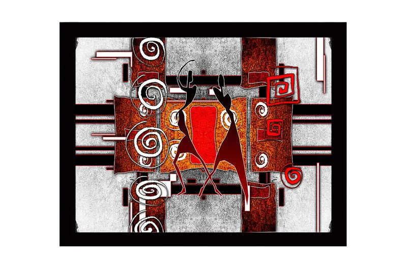 Innrammet lerret i tre - 41x56 cm - Abstrakt komposisjon med to dansende figurer, Rød / Svart / Hvit