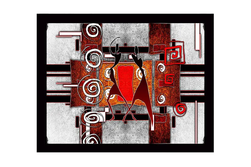 Innrammet lerret i tre - 41x56 cm - Abstrakt komposisjon med to dansende figurer, Rød / Svart / Hvit