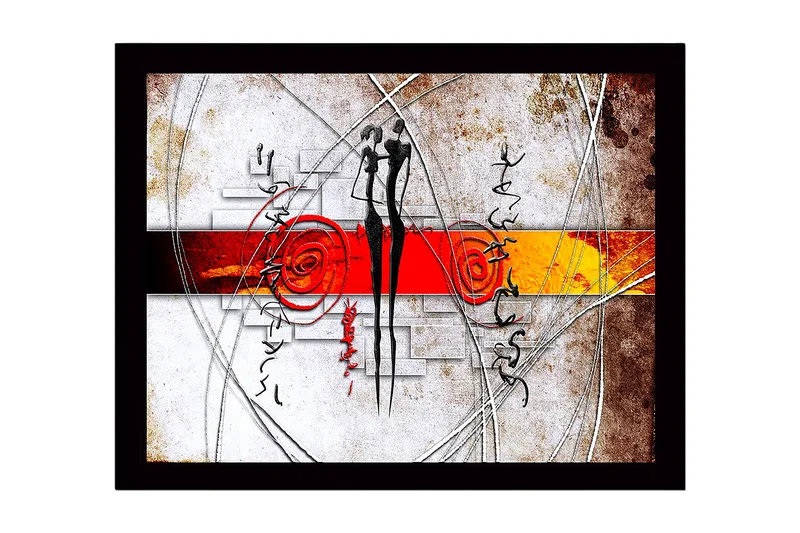 Innrammet lerret i tre - 41x56 cm - Abstrakt komposisjon med to stiliserte figurer i samspill, Rød / Svart / Oransje