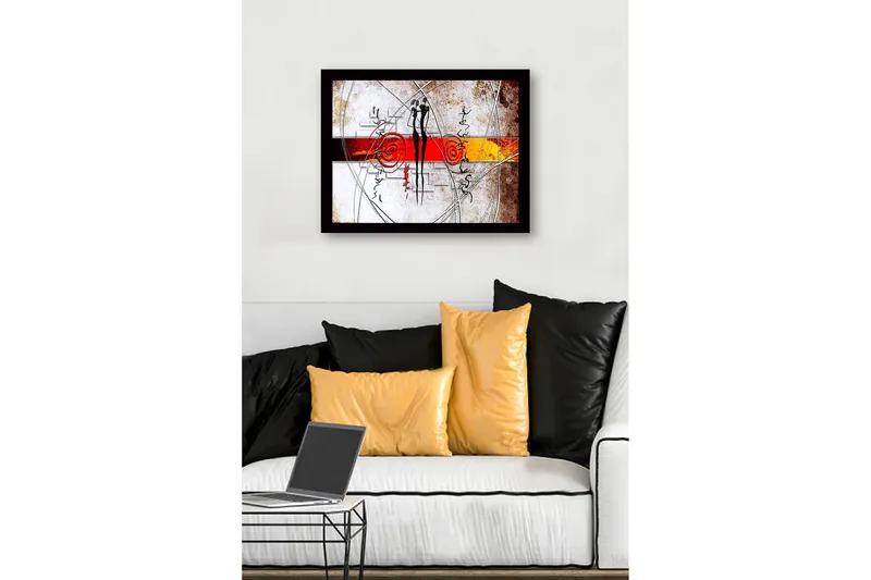Innrammet lerret i tre - 41x56 cm - Abstrakt komposisjon med to stiliserte figurer i samspill - Rød / Svart / Oransje - Interiør - Maleri & posters - Lerretsbilder