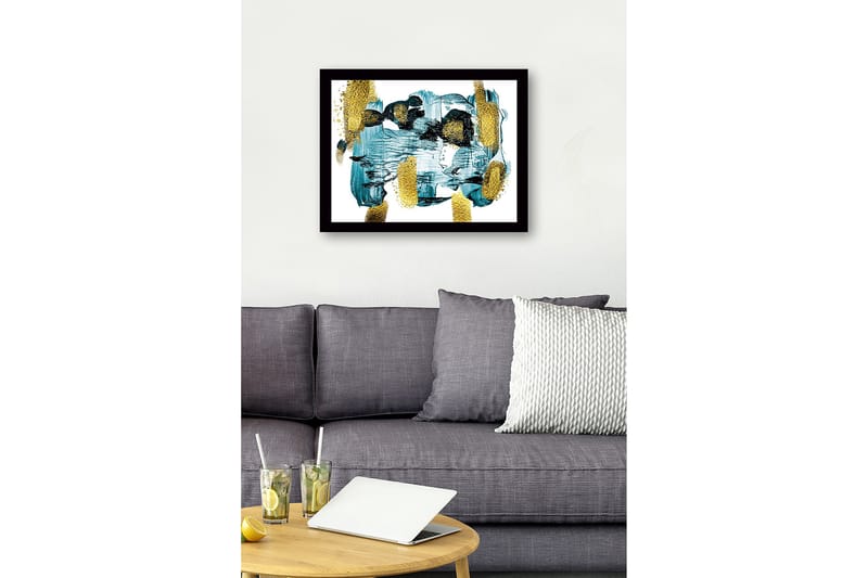 Innrammet lerret i tre - 41x56 cm - Abstrakt komposisjon med turkise og gylne elementer - Turkis / Gull - Interiør - Maleri & posters - Lerretsbilder