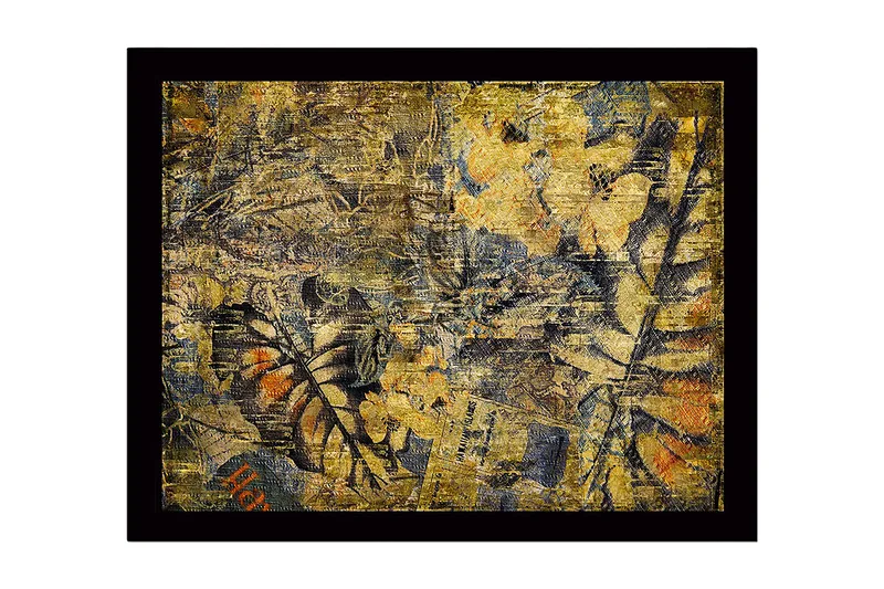 Innrammet lerret i tre - 41x56 cm - Abstrakt komposisjon med plantemotiver og teksturer - Gull / Mørk blå / Oransje - Interiør - Maleri & posters - Lerretsbilder