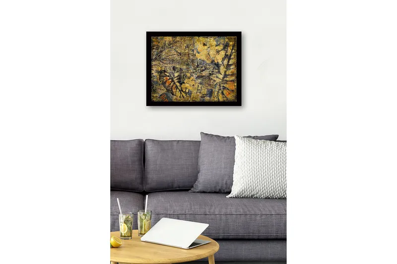 Innrammet lerret i tre - 41x56 cm - Abstrakt komposisjon med plantemotiver og teksturer - Gull / Mørk blå / Oransje - Interiør - Maleri & posters - Lerretsbilder