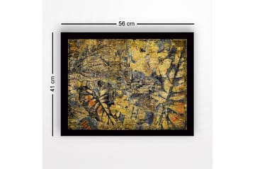 Innrammet lerret i tre - 41x56 cm - Abstrakt komposisjon med plantemotiver og teksturer - Gull / Mørk blå / Oransje - Interiør - Maleri & posters - Lerretsbilder