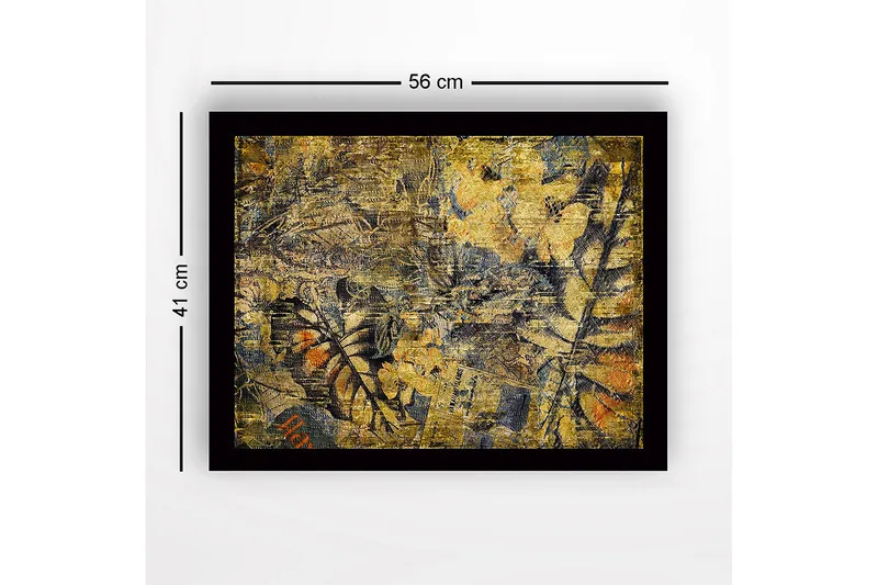 Innrammet lerret i tre - 41x56 cm - Abstrakt komposisjon med plantemotiver og teksturer - Gull / Mørk blå / Oransje - Interiør - Maleri & posters - Lerretsbilder