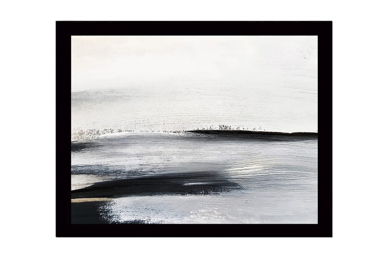 Innrammet lerret i tre - 41x56 cm - Abstrakt landskap med myke, sveipende linjer, Hvit / Svart / Grå