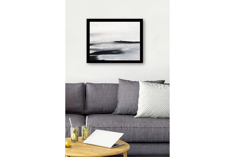 Innrammet lerret i tre - 41x56 cm - Abstrakt landskap med myke, sveipende linjer - Hvit / Svart / Grå - Interiør - Maleri & posters - Lerretsbilder