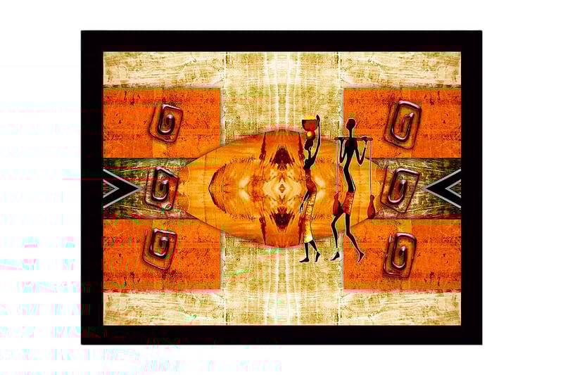 Innrammet lerret i tre - 41x56 cm - Abstrakt scene med stiliserte figurer som bærer vannkanner, Oransje / Svart / Beige