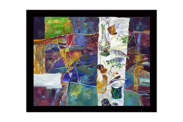 Innrammet lerret i tre - 41x56 cm - Abstrakt stilleben med mat og kjøkkenutstyr - Grønn / Lilla / Gull - Interiør - Maleri & posters - Lerretsbilder