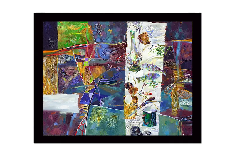 Innrammet lerret i tre - 41x56 cm - Abstrakt stilleben med mat og kjøkkenutstyr, Grønn / Lilla / Gull