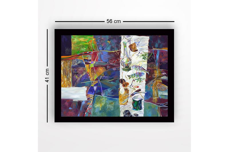 Innrammet lerret i tre - 41x56 cm - Abstrakt stilleben med mat og kjøkkenutstyr - Grønn / Lilla / Gull - Interiør - Maleri & posters - Lerretsbilder