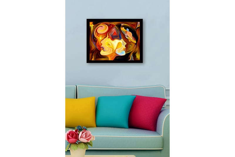 Innrammet lerret i tre - 41x56 cm - Abstrakt portrett av to ansikter med kosmiske elementer - Gull / Oransje / Brun - Interiør - Maleri & posters - Lerretsbilder