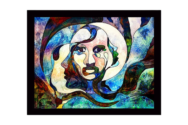 Innrammet lerret i tre - 41x56 cm - Abstrakt portrett med ansikter som smelter sammen, Blå / Grønn / Rød