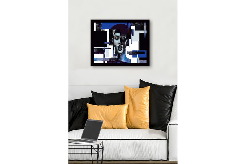 Innrammet lerret i tre - 41x56 cm - Abstrakt portrett av en kvinne med geometriske former og sterke kontraster - Mørk blå / Svart / Hvit - Interiør - Maleri & posters - Lerretsbilder