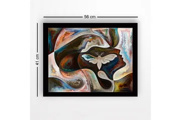 Innrammet lerret i tre - 41x56 cm - Abstrakt portrett med en sommerfugl i fokus - Mørk brun / Beige / Turkis - Interiør - Maleri & posters - Lerretsbilder