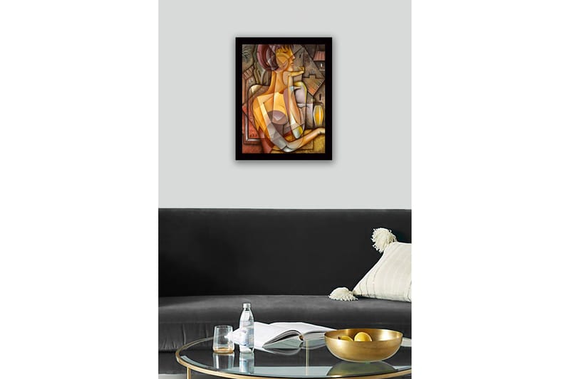 Innrammet lerret i tre - 41x56 cm - Abstrakt portrett av en kvinne med geometriske former - Gull / Brun / Beige - Interiør - Maleri & posters - Lerretsbilder