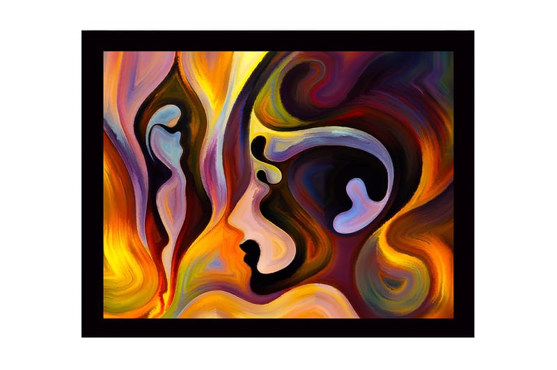 Innrammet lerret i tre - 41x56 cm - Abstrakt portrett av ansikter i flytende former, Gull / Mørk rød / Lilla