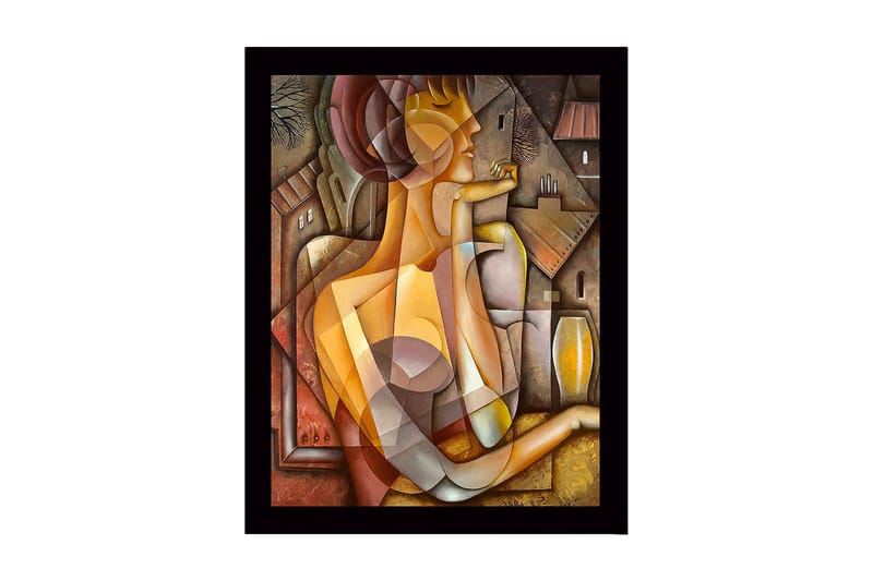 Innrammet lerret i tre - 41x56 cm - Abstrakt portrett av en kvinne med geometriske former, Gull / Brun / Beige
