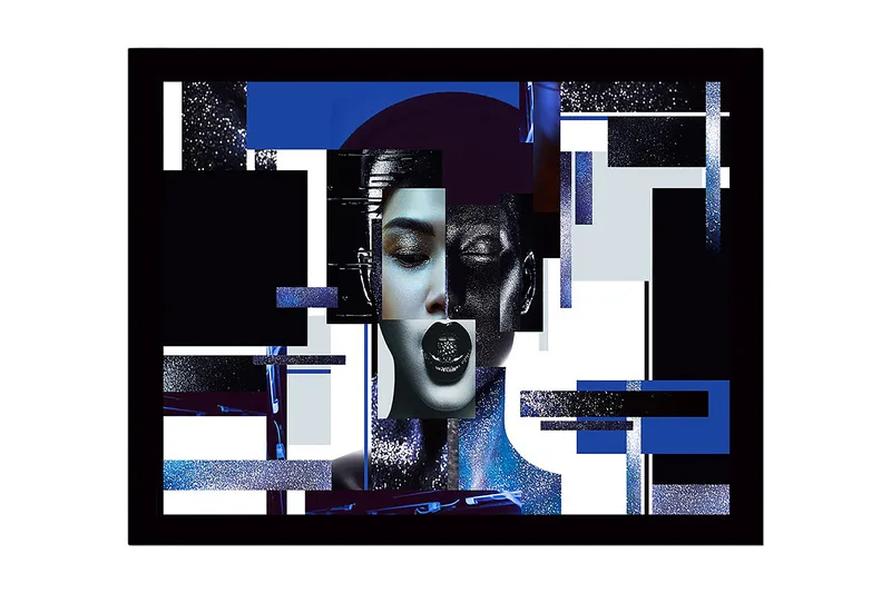 Innrammet lerret i tre - 41x56 cm - Abstrakt portrett av en kvinne med geometriske former og sterke kontraster, Mørk blå / Svart / Hvit